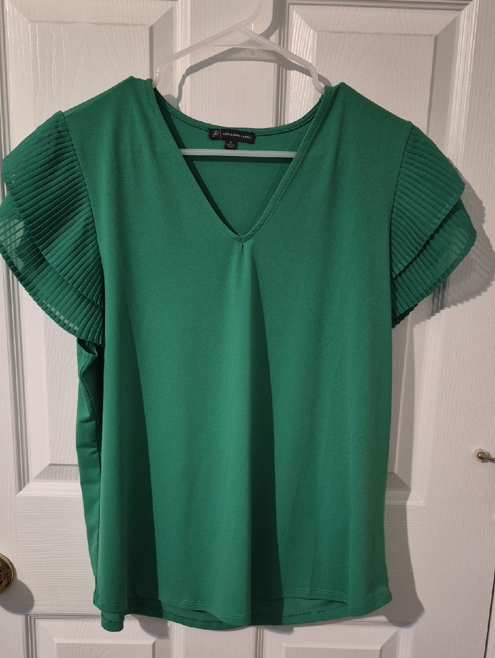 Adriana Papell Emerald V-Neck Top with Pleated Cap Sleeves